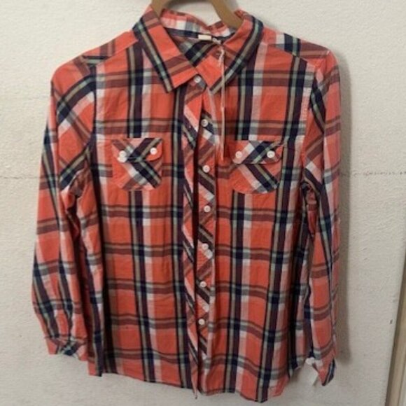 Xiu Yi Fang Women's 42 Shirt Button Down Orange Melon Plaid 100% Cotton NWT - Picture 2 of 3